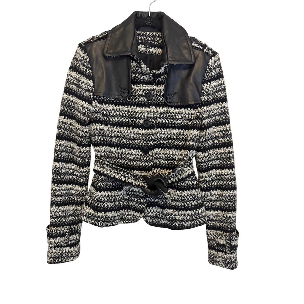The Wrights Leather Knit Tweed Jacket 6 Black White Belted Leather Collar Warm